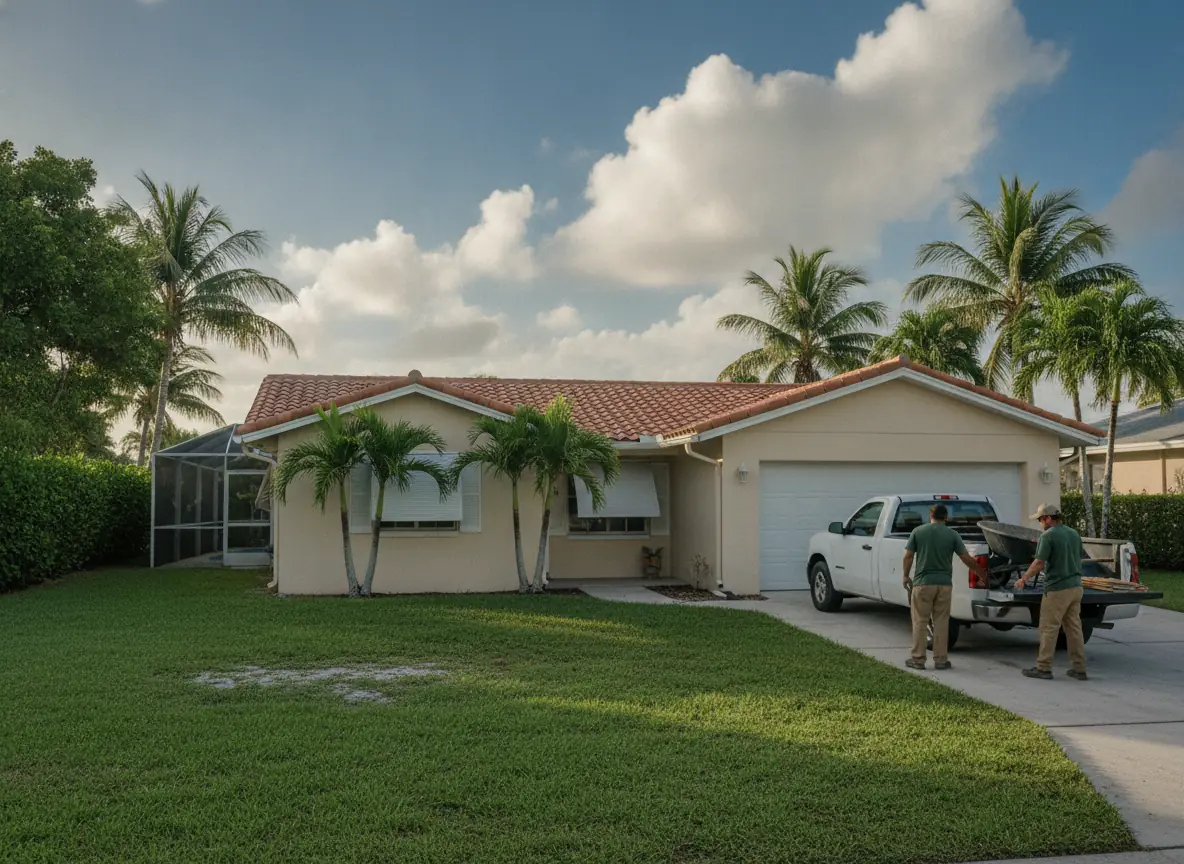 Concrete crew unloading tools in the driveway of a Miami home