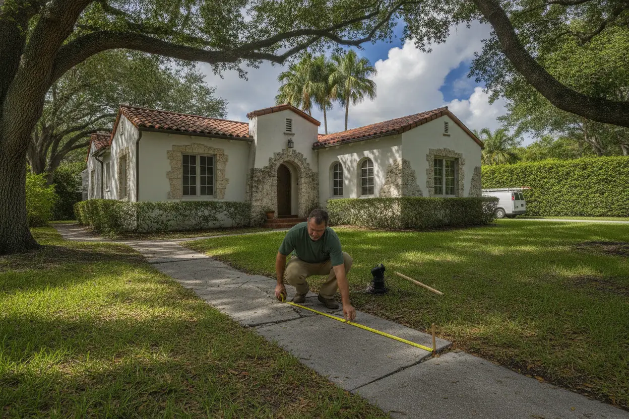 Worker measuring an old walkway at a Mediterranean Revival home in Coral Gables