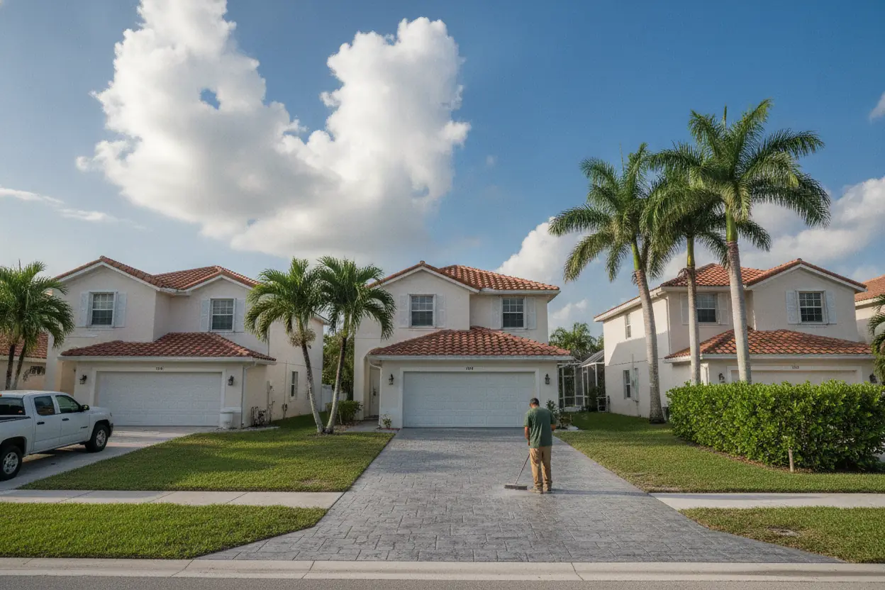 Newly sealed stamped concrete driveway on a Cutler Bay street of two-story stucco homes