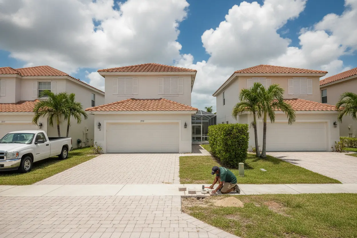 Worker resetting sunken pavers on a driveway in a Doral subdivision