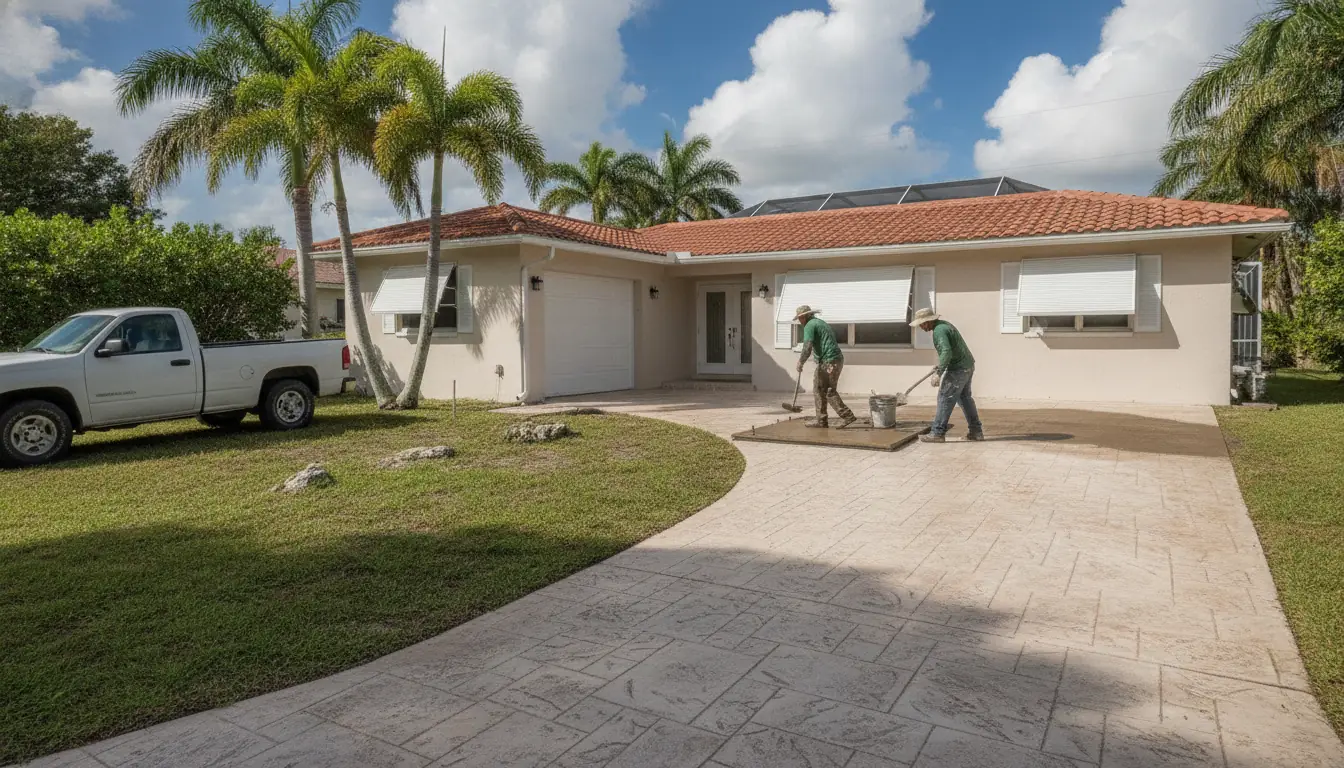 Crew stamping a new tan ashlar slate concrete driveway in front of a stucco ranch home in South Miami-Dade
