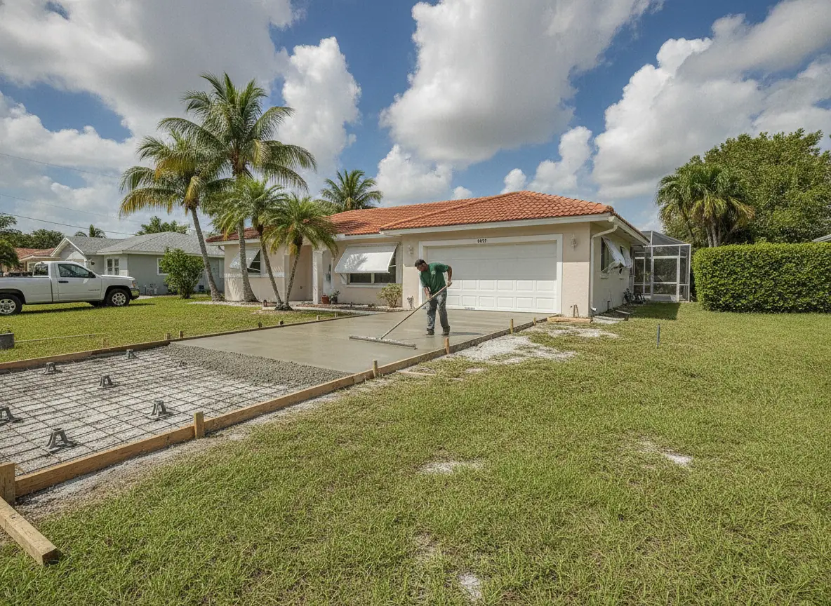 New concrete driveway being finished in front of a Miami stucco home, rebar visible in the unpoured section