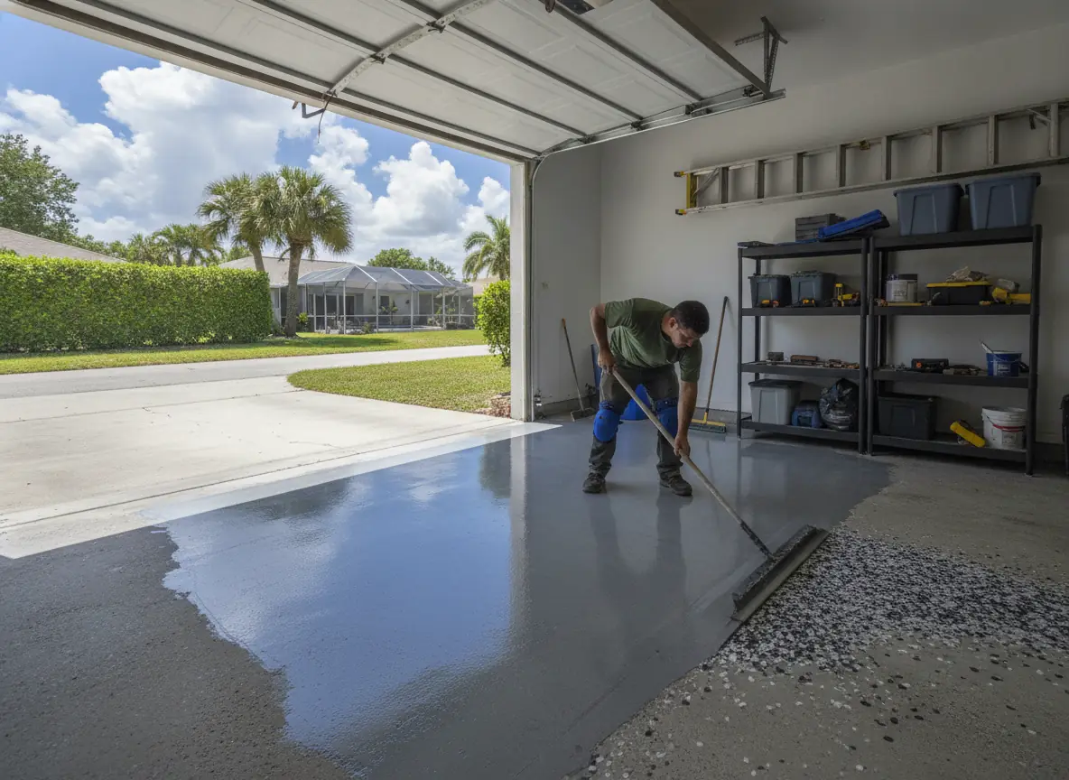 Epoxy coating with flakes being applied to a garage floor in a Miami home