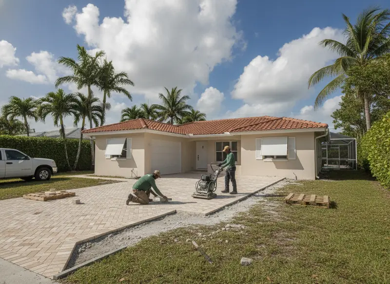 Paver driveway being laid in herringbone at a South Miami-Dade home