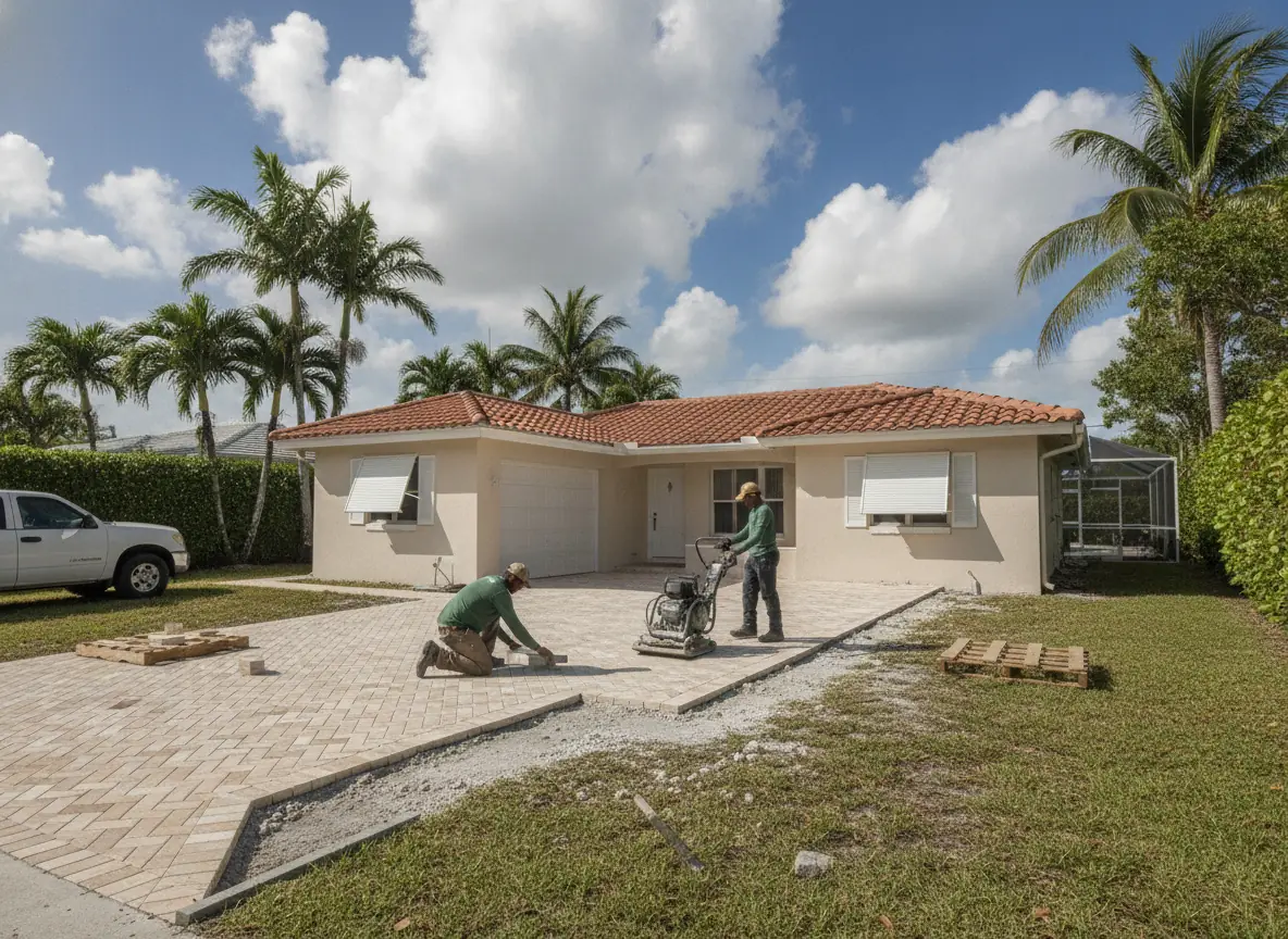 Paver driveway being laid in herringbone over a crushed limestone base at a South Miami-Dade home