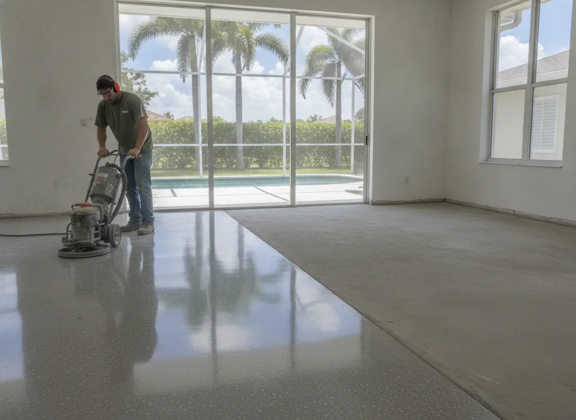 Concrete floor being ground and polished in a Miami home after tile removal