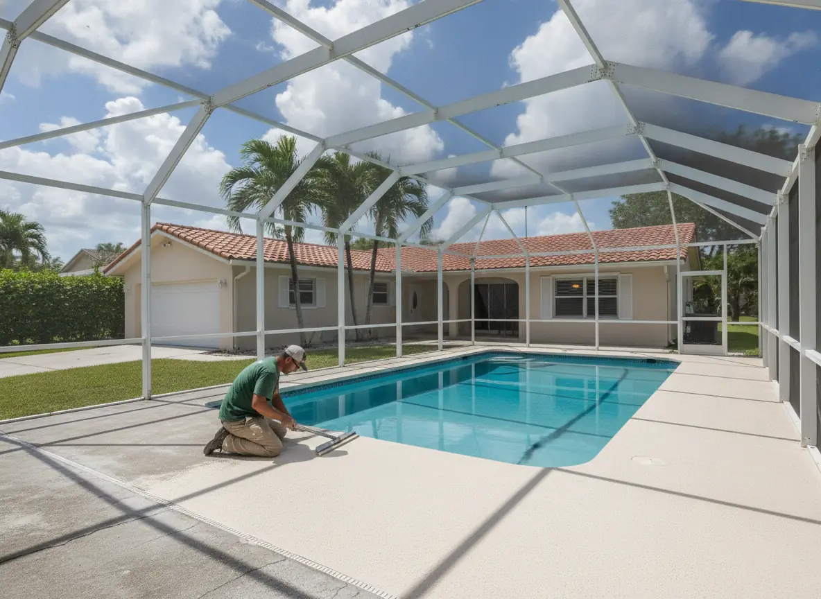 Pool deck being resurfaced with a light knockdown texture inside a screened enclosure in Miami