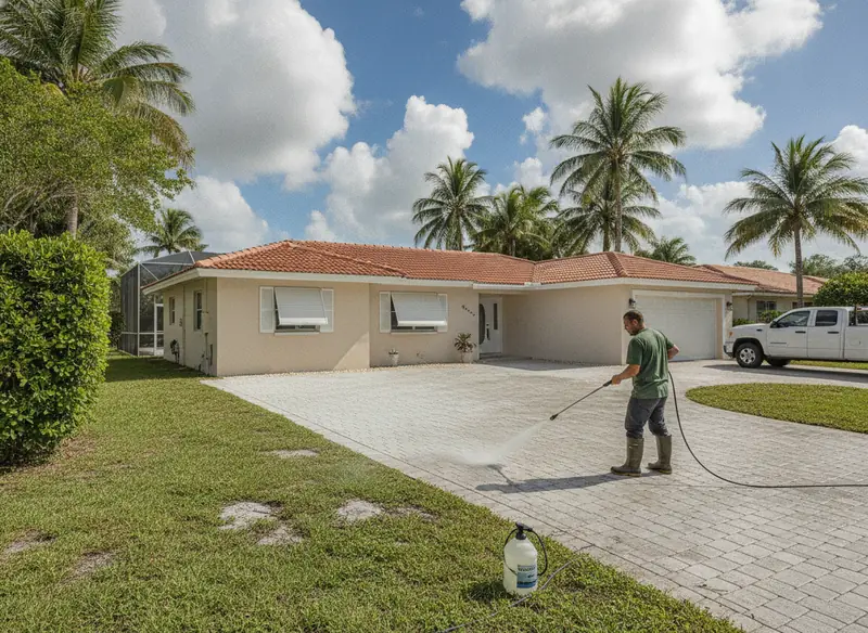 Paver driveway being pressure washed before sealing in Miami