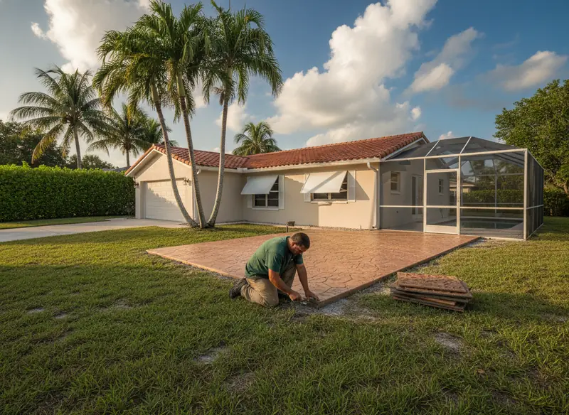 Stamped concrete patio behind a Miami home with a screened pool enclosure