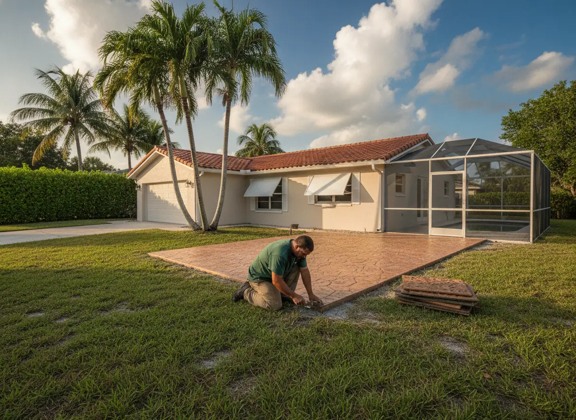 Stamped concrete patio in a coral stone pattern behind a Miami home with a screened pool enclosure